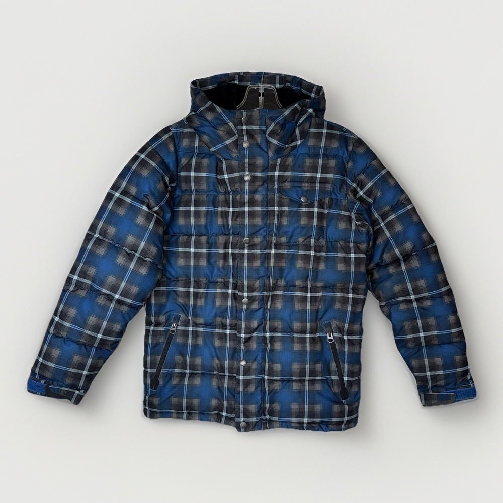 Burton DryRide Boys Jacket Medium Blue Plaid Hooded Insulated Ski Snow Coat Warm - Picture 2 of 9